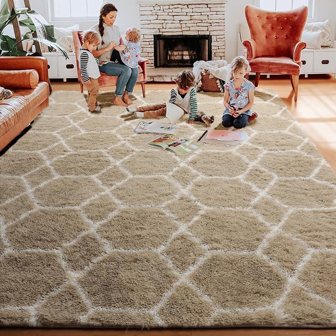 5x7 Area Rugs for Living Room Bedroom, Fluffy Beige and White Geometric Rug | - Image 8