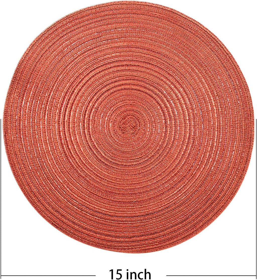AHHFSMEI Round Braided Placemats Set of 6 Round Table Mats for Dining Tables Natural Woven Heat Resistant Place mats 15 Inch (Dark Orange)