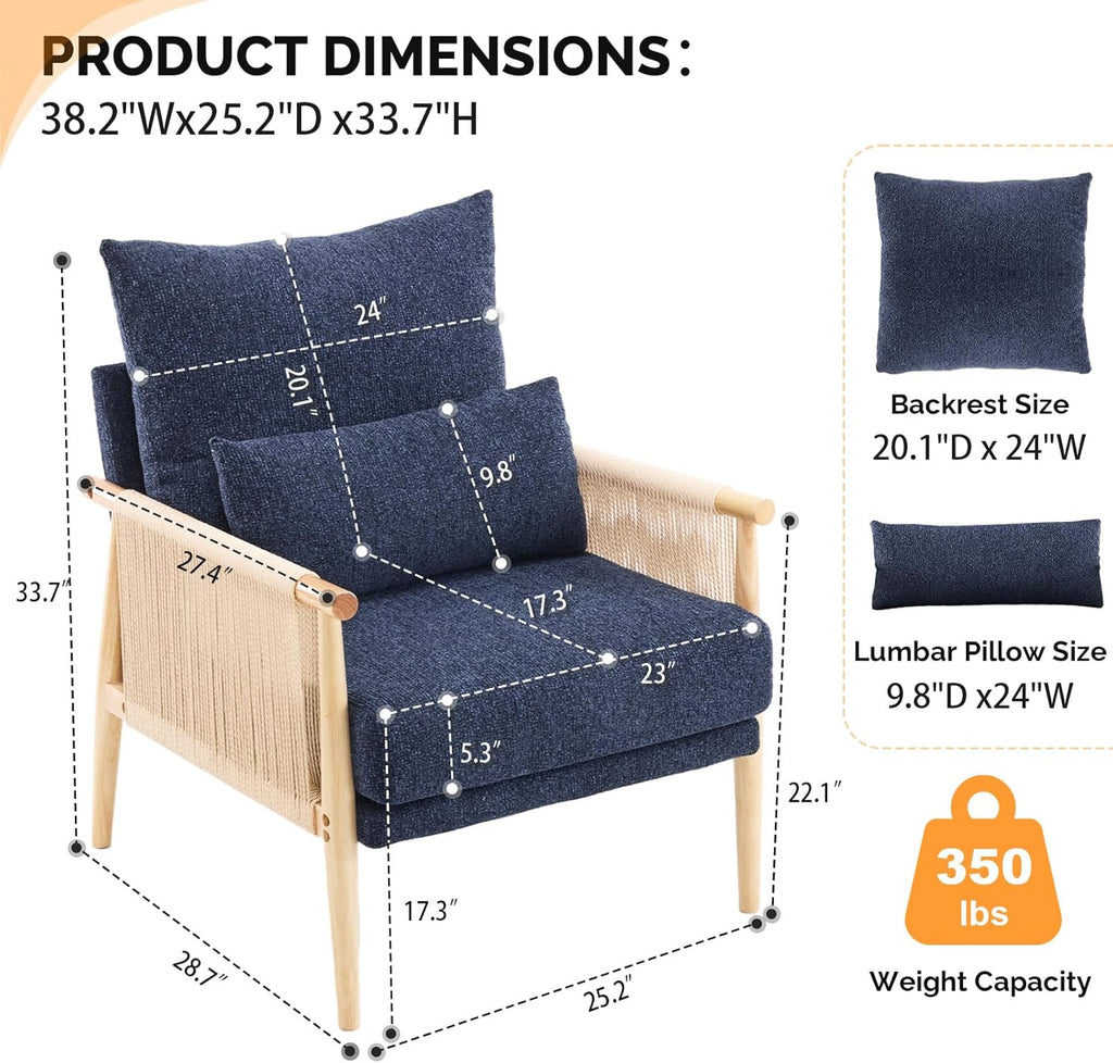VINGLI Boho Braid Accent Armchairs Set of 2,Mid-Century Modern Chiars with Solid Wooden Armrest,Comfy Louge Cushion Chairs with Waist Pillow for Bedroom,Living Room,Reading Room, Blue