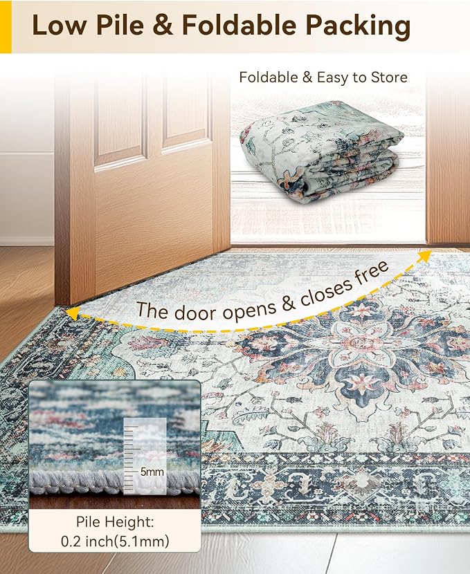 RELEANY Washable Area Rug, Runner 2'6"x8', Teal Green/White/Navy | Non-Slip - Image 7