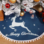 30 Inch Christmas Tree Skirt, Burlap Blue Christmas Rustic Tree Skirt with Elk Deer and White Snowflake Printed for Holiday Party Xmas Tree Decoration