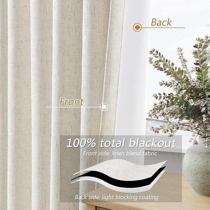 100% Blackout Linen Curtains for Bedroom 92 Inches Long Natural Cream Black Out - Image 3