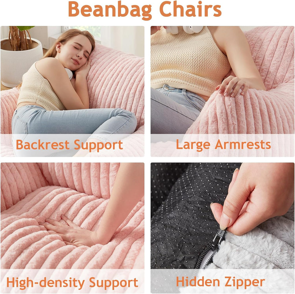 Giant Bean Bag Chairs for Adults with Filling Plush Fluffy Bean Bag Chairs for Teens with Armrests Comfy BeanBag Lazy Couch Sofa Chair for Bedroom Living Room Reading