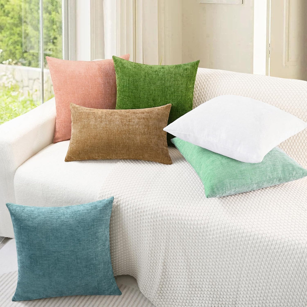 CaliTime Throw Pillow Covers Decorative 18 X 18 Inches Pack of 2 Cozy Chenille Cushion Cases for Couch Sofa Bed Living Room Home Grey Green