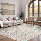 Wonnitar Floral Large Rugs for Living Room, Soft Light Pink Rug Washable 9x12 Carpet Non Slip, Boho Foldable Non-Shedding Kids Carpet for Bedroom Girls Nursery Dorm Playroom