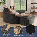 Giant Bean Bag Chairs for Adults, Oversized Chaise Lounge Chair Indoor with Memory Foam - Plush Boneless Lounger & Ottoman for Bedroom, Living Room, Gaming & Reading, Lazy Floor Sofa Chair, Gray