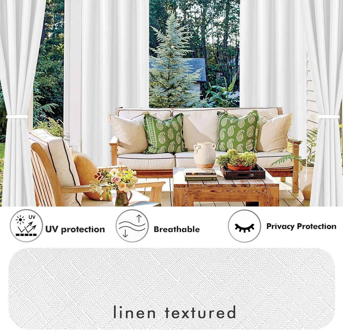 HolidayIdeas 4 Panels Linen Outdoor Curtains for Patio Waterproof White Curtain Panels 95 Inch Length-Wide Weatherproof, Privacy, Outside Curtains for Pergola, Porch, Gazebo-110 Wide x 95" Long