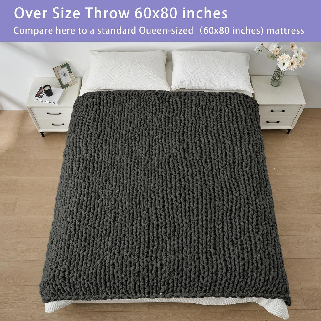 Bigacogo Chunky Knit Throw Blanket for Couch, 60x80 inches, 100% Hand Knitted with Thick Jumbo Chenille Yarn, Cozy Soft Large Rope Knot Cable Crochet Blankets for Sofa Bed Living Room, Dark Grey