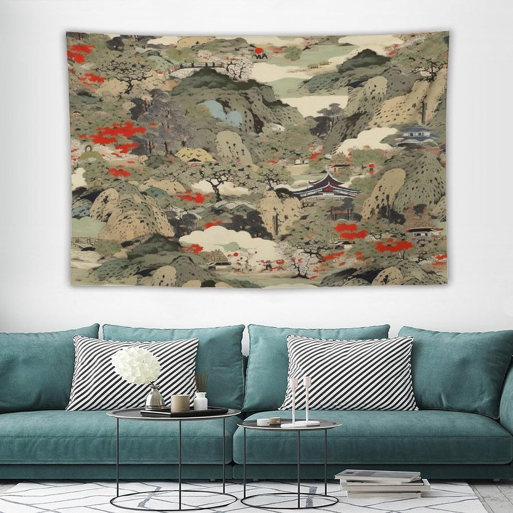 Asian Tapestry,Japanese Red Landscape Asian Watercolor Abstract Art Tapestry, Asian Japanese Wall Tapestry, Nature Landscape Tapestries for Bedroom Living Room Decor 60"x40"