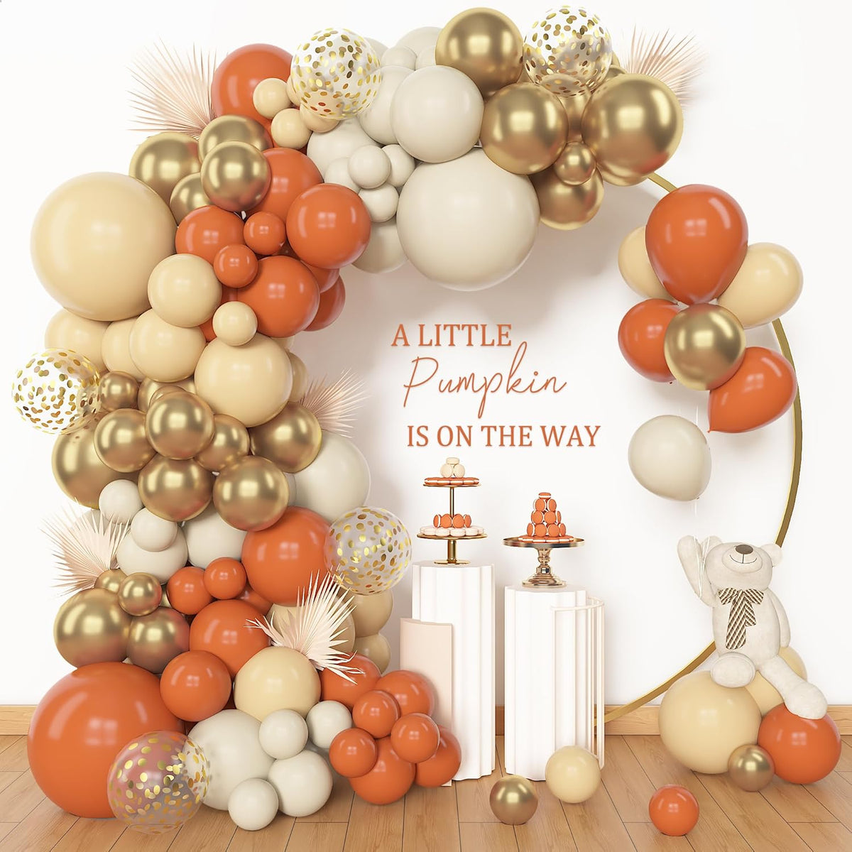 Amandir 153pcs Orange Balloon Arch Garland Kit, Different Sizes 18 12 10 5inch Latex Metallic Gold Confetti White Sand Pastel Orange Fall Balloons for Pumpkin Baby Shower Birthday Party Decorations