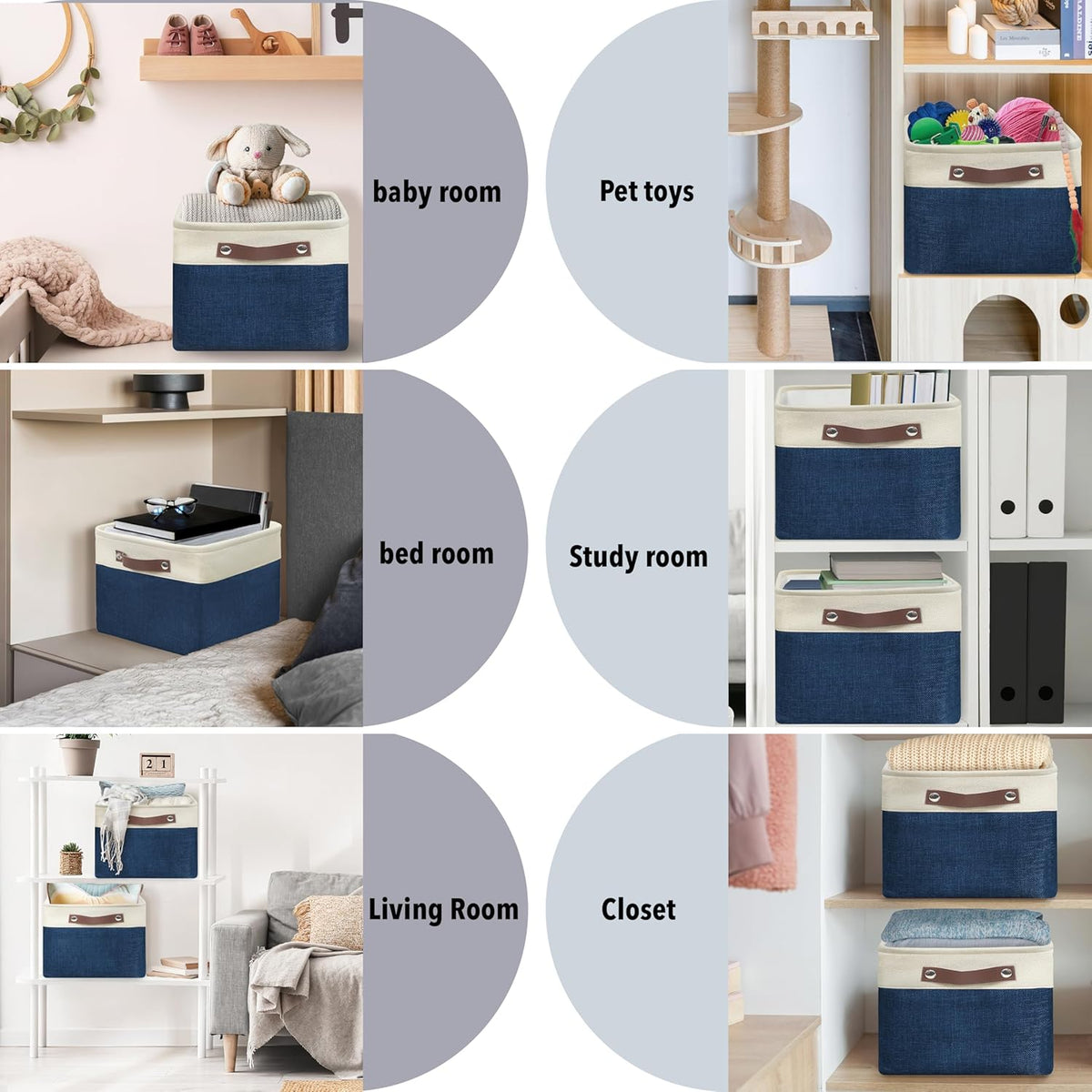 SIMPLE HOUSEWARE Large Fabric Storage Bin, 15" x 11" with Leather Like Handles, 3 Pack, Steel Blue