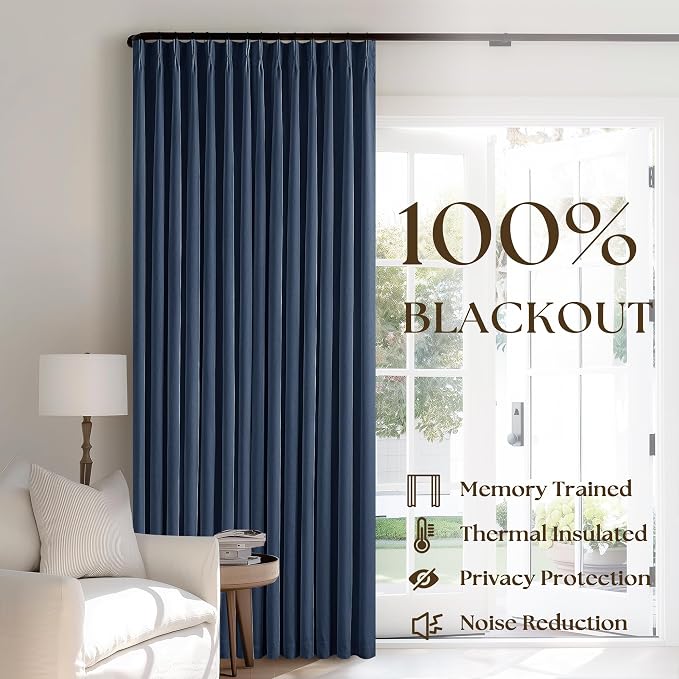 Navy Blue Pinch Pleat 100% Blackout Linen Curtains 2 Layers 45 Inch Long | - Image 3