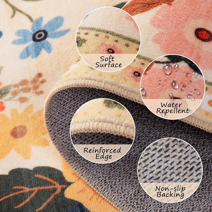 RELEANY Floral Washable Round 8ft Area Rug Ivory/Yellow | Flower Carpet Print - Image 3