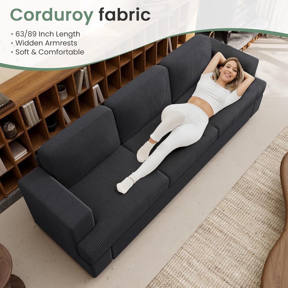 3 Pieces Corduroy Couch Set for Living Room, 7 Seats Cloud Sofa, Deep Seat Floor Couch for Bedroom, Futon Modern Sofa Sectional Bed, Black Corduroy