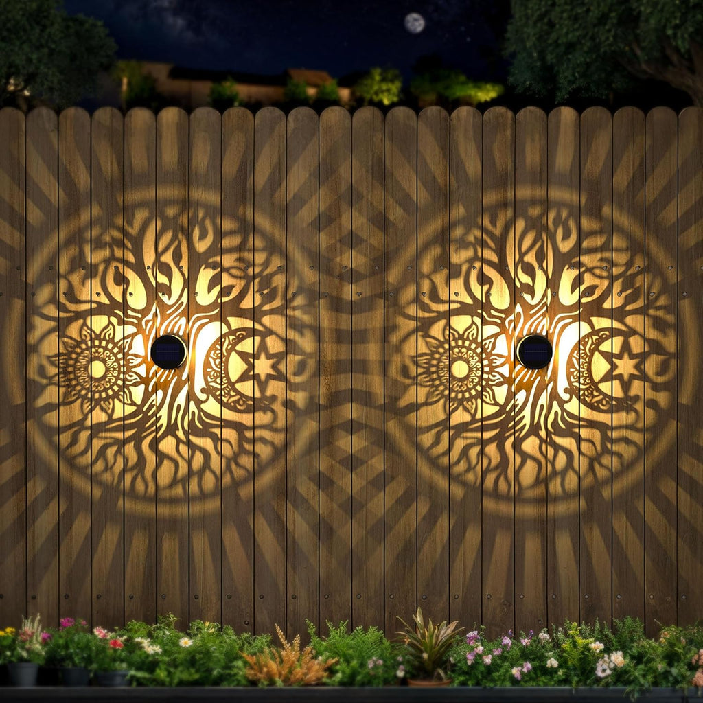 4 Pack Large Solar Fence Lights Metal Solar Powered Outdoor Wall Deck Step Lights Tree Theme Waterproof Fence Light for Garden Post Patio Backyard Yard Decor, Gardening Gifts for Women Mom Grandma