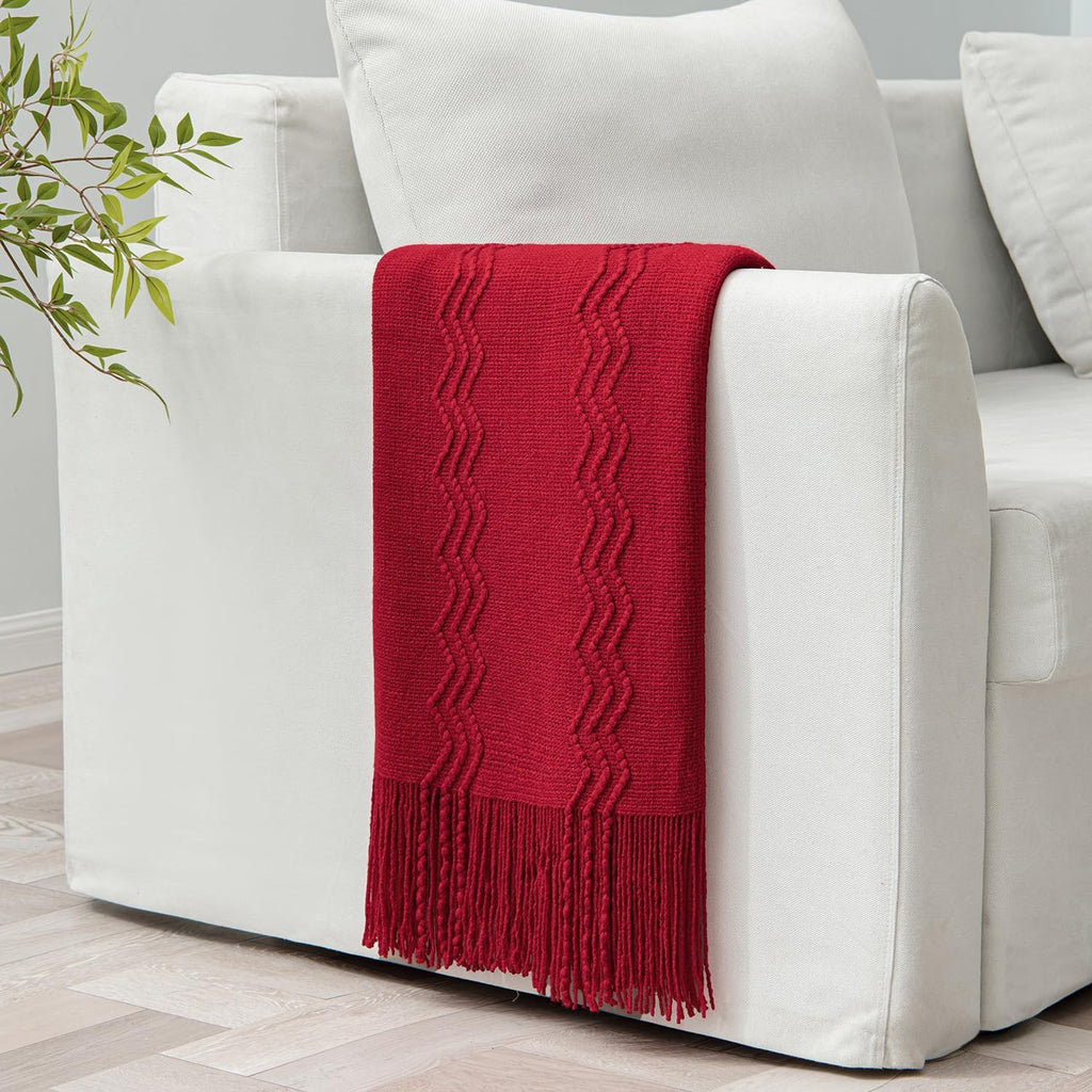 MIULEE Burgundy Red Knitted Throw Blanket for Couch Boho Textured Cozy Woven Blanket with Tassels for Sofa Chair Bed Living Room Acrylic Wave Pattern 50"x60"