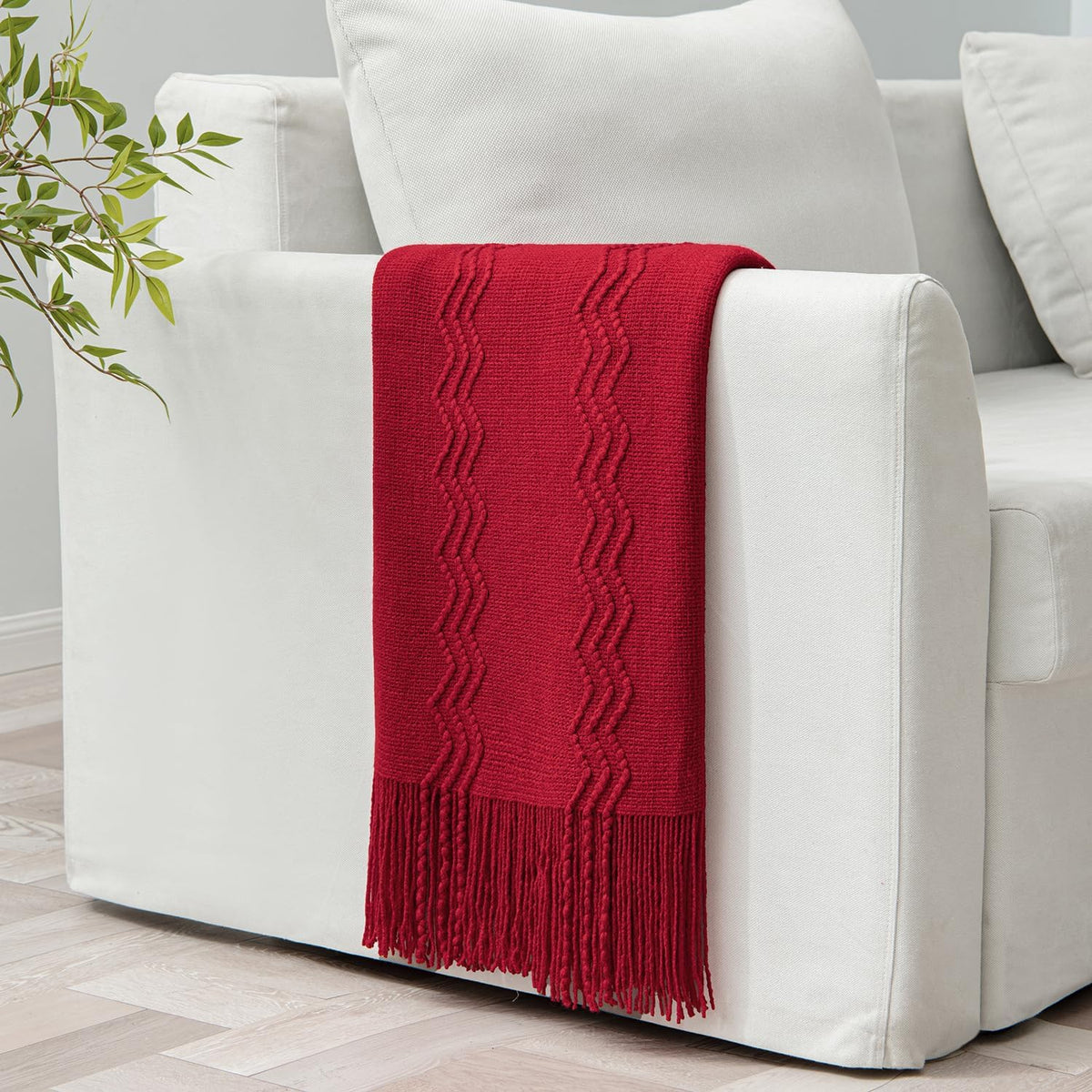 MIULEE Burgundy Red Knitted Throw Blanket for Couch Boho Textured Cozy Woven Blanket with Tassels for Sofa Chair Bed Living Room Acrylic Wave Pattern 50"x60"