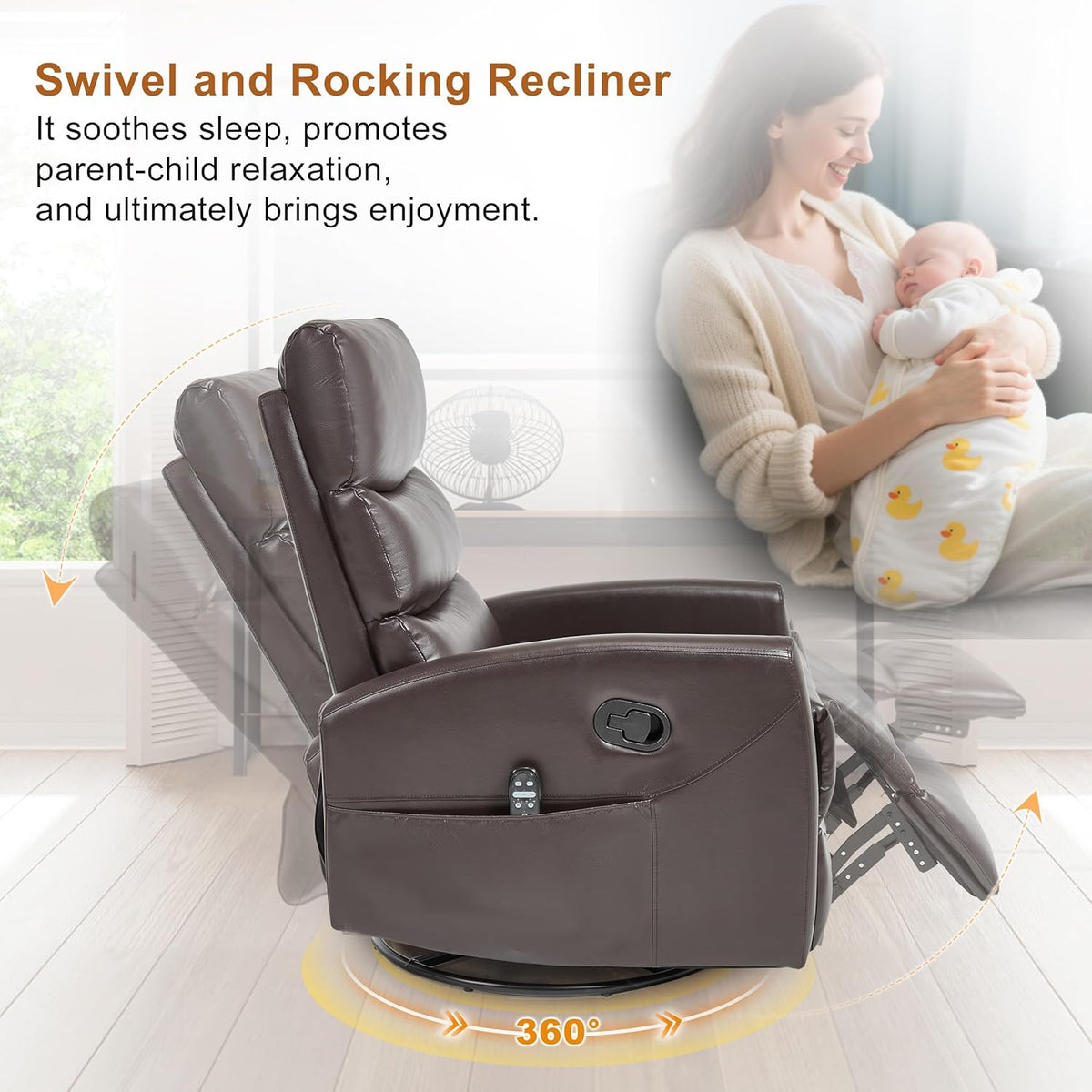Manual Swivel Rocker Recliner Chair for Adults, Overstuffed Reclining Glider Chair for Nursing with Vibration Massage & Heat, Living Room Rocking Recliner 3-Stage backrest, Faux Leather Brown