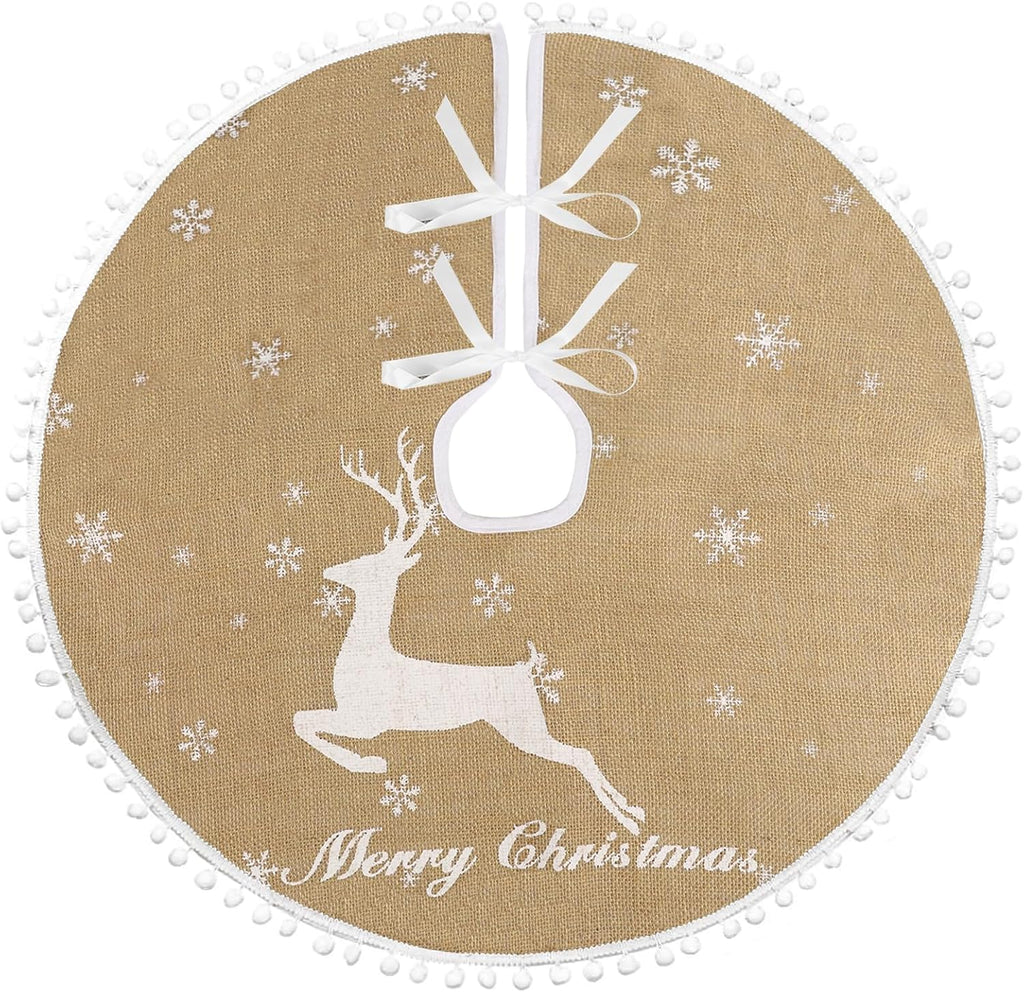 48 Inch Christmas Tree Skirt, Burlap Linen Color Christmas Rustic Tree Skirt with Elk Deer and White Snowflake Printed for Holiday Party Xmas Tree Decoration