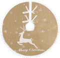 48 Inch Christmas Tree Skirt, Burlap Linen Color Christmas Rustic Tree Skirt with Elk Deer and White Snowflake Printed for Holiday Party Xmas Tree Decoration
