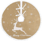 48 Inch Christmas Tree Skirt, Burlap Linen Color Christmas Rustic Tree Skirt with Elk Deer and White Snowflake Printed for Holiday Party Xmas Tree Decoration