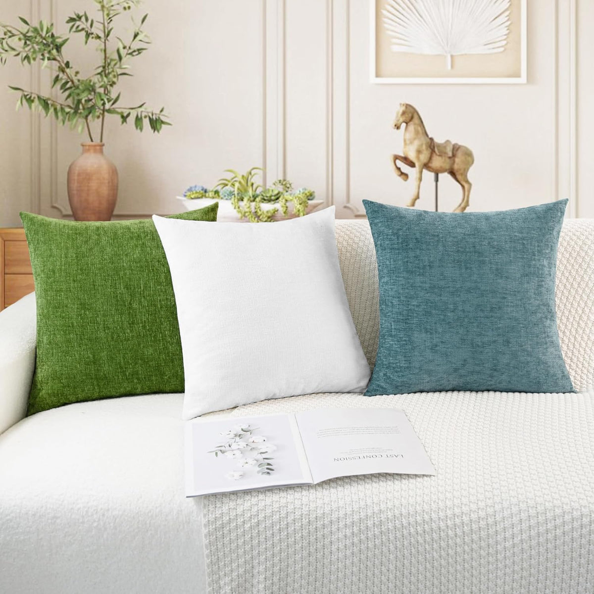 CaliTime Throw Pillow Covers Decorative 18 X 18 Inches Pack of 2 Cozy Chenille Cushion Cases for Couch Sofa Bed Living Room Home True White