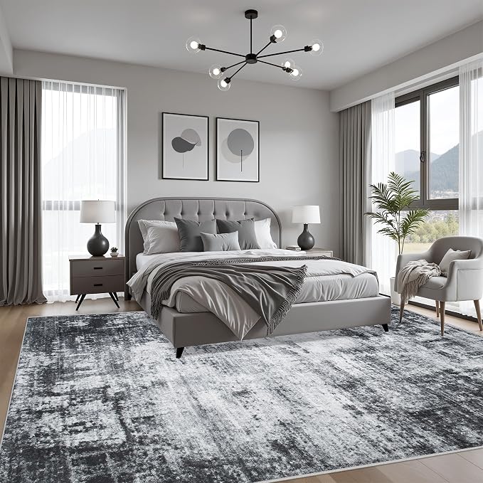 Area Rug Living Room: 4x6 Modern Washable Soft Carpet Dark Black | - Image 3