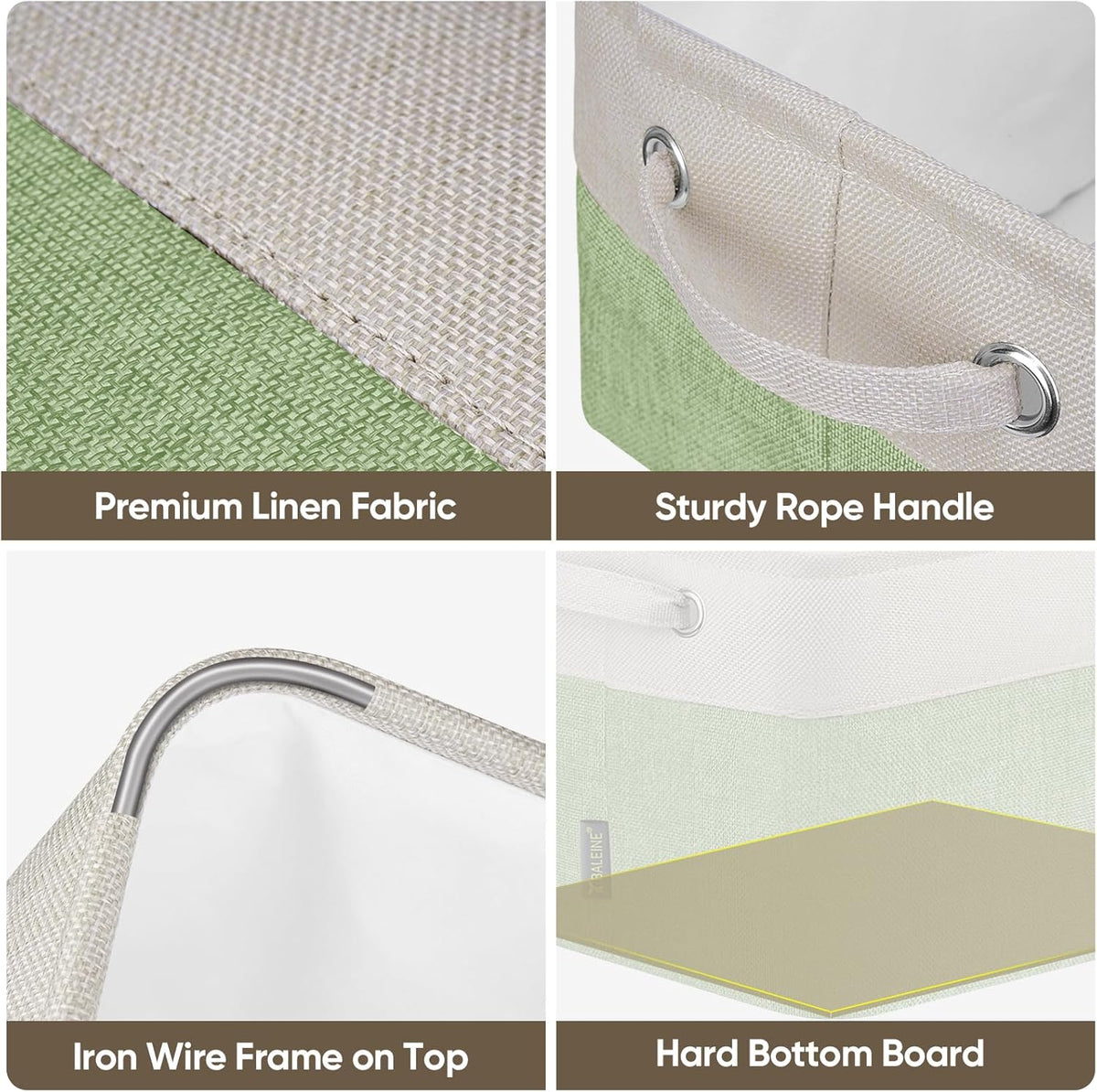 BALEINE 3 Pack Fabric Storage Bins for Shelves, Linen Storage Baskets for Organizing, Decorative Closet Bins for Clothes, Home (Green, 12"x8"x8")