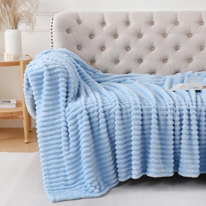 Light Blue Throw Blanket for Couch Sofa 50x60 inches Striped Design | Fleece - Image 3