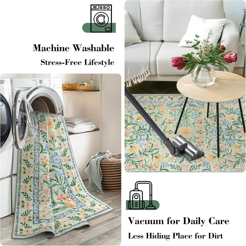 Wonnitar Washable Floral 6x9 Rug, Soft Green Area Rug Boho Non Slip Dining Room Carpet, Non-Shedding Flower Floor Carpets for Kids Bedroom Living Room Dorm Playroom