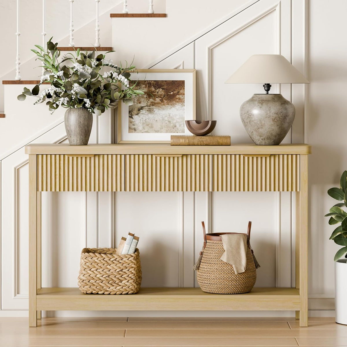 Lulive 51" Fluted Console Table for Entryway, Entryway Table with 3 Wooden Drawers, Farmhouse Behind Sofa Table for Living Room, Hallway, Couch, Foyer
