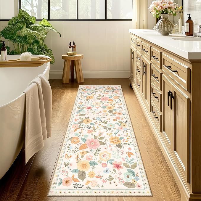 Floral Washable 2x8 Area Rugs Runner Entryway Hallway Beige/White/Orange | - Image 8