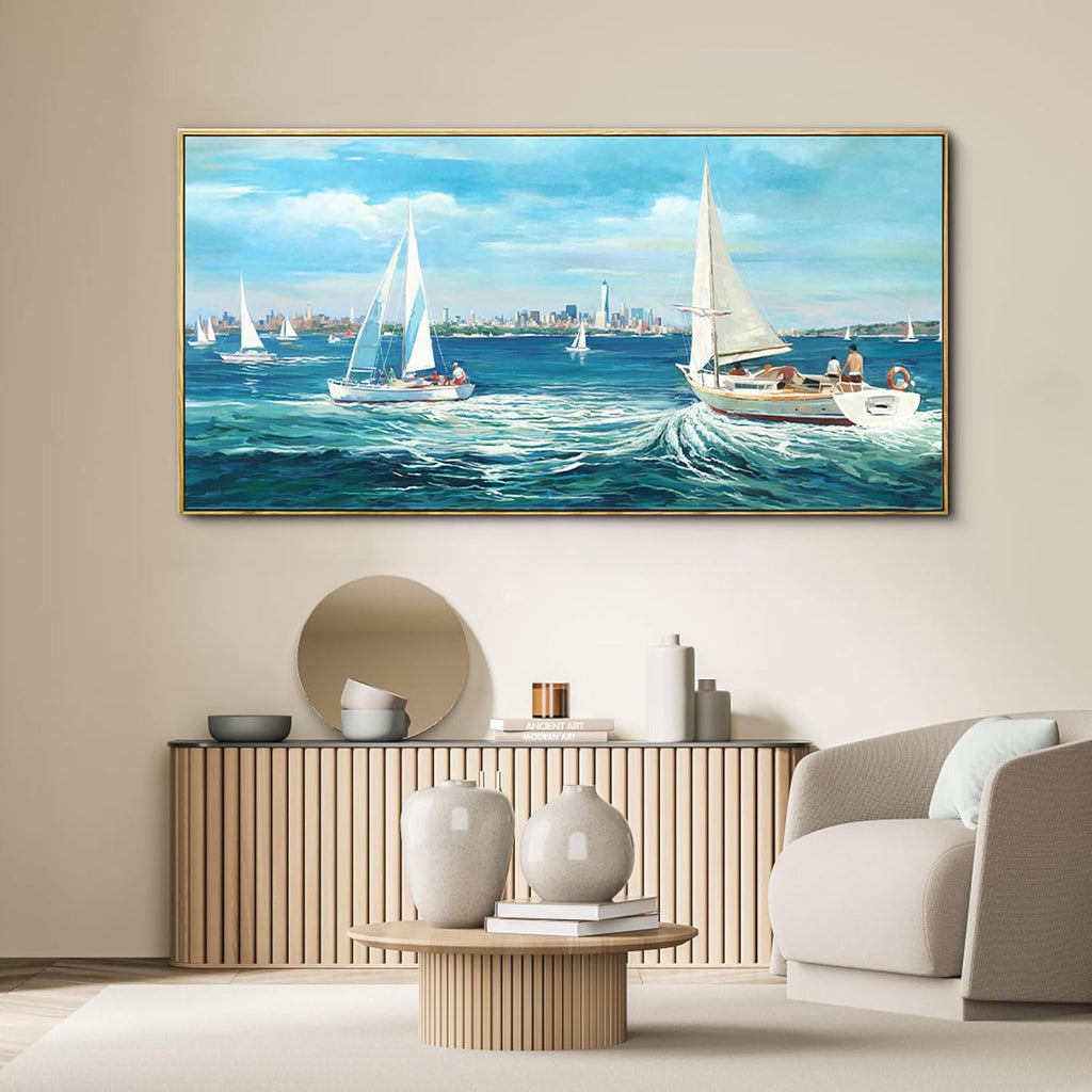 XLSJERST Large Blue Canvas Wall Art Seascape Painting - Landscape Picture Textured Navy Modern Sailboat Ocean Artwork Framed for Living Room Bedroom Bathroom Home Office Wall Decor Large Size 24"x48"