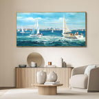XLSJERST Large Blue Canvas Wall Art Seascape Painting - Landscape Picture Textured Navy Modern Sailboat Ocean Artwork Framed for Living Room Bedroom Bathroom Home Office Wall Decor Large Size 24"x48"