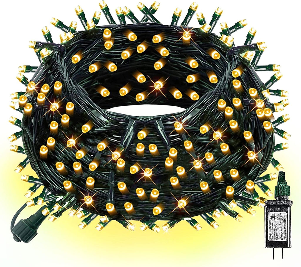 Dazzle Bright Christmas String Lights, 66FT 200 LED Connectable Green Wire 8 Modes String Lights, Waterproof Christmas Lights for Indoor Outdoor Patio Party Wedding Decorations, Warm White