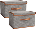 Tuza 2 Pack Storage Bins with Lids, Collapsible Closet Organizer Container, Fabric Organizer Box with Handles, Decorative Storage Boxes with Lids for Organizing Clothes, Sheet, Light Grey, Extra Large