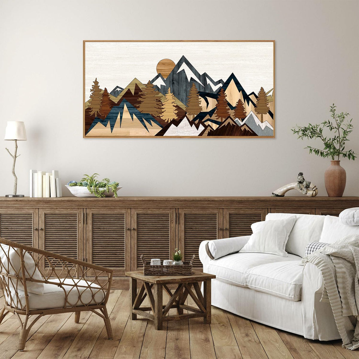 SIGNINART Large Mountain Framed Canvas Wall Art, Boho Sunrise Wilderness Wall Decor, Vintage Forest Nature Artwork, Modern Farmhouse Woodcut Style Art Prints for Living Room Bedroom, Office 20"x40"