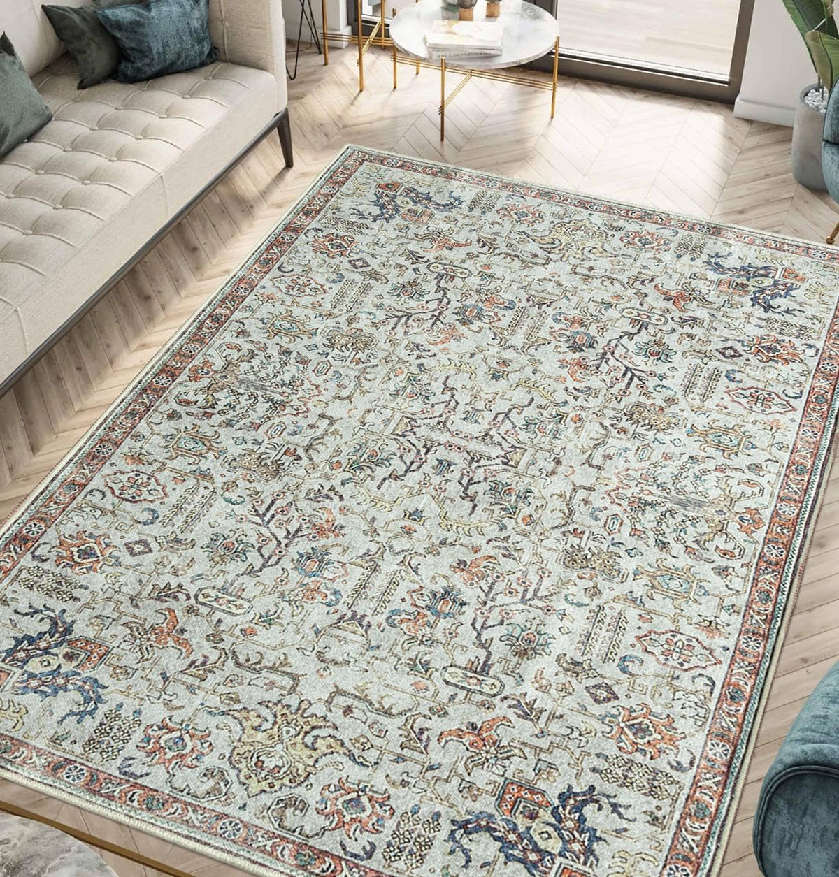 Keen Home Design 6x9 Rug - Machine Washable Area Rug with Non-Slip Backing, Ideal for Living Room, Dining Room, Bedroom - Vintage, Easy Clean, Durable, Low Pile Rug - (6' x 9')