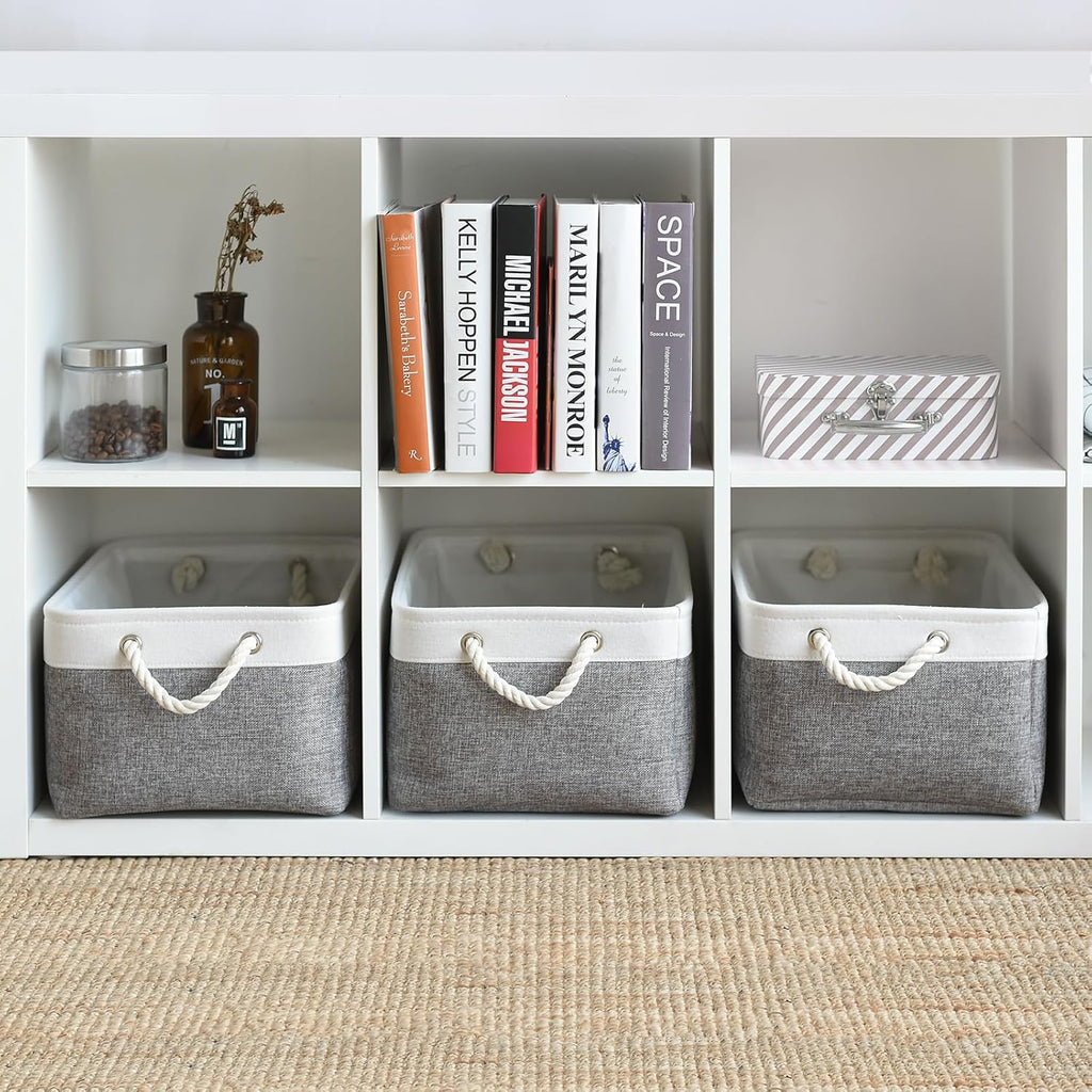 TheWarmHome Storage Basket for Organizing - 15.7x11.8x8.2 inch Large 3 Pack Collapsible Storage Bins for Shelves, Fabric Storage Cubes for Gift Closet Linen Organization (White & Grey)