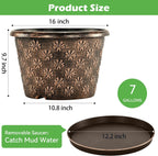 16 Inch Planter Pots for Plants, Plastic Large Flower Pots Indoor Outdoor, 4 Pack Resin Plant Pot with Drainage & Saucer, Retro Decorative Garden Pot with Removable Trays for House