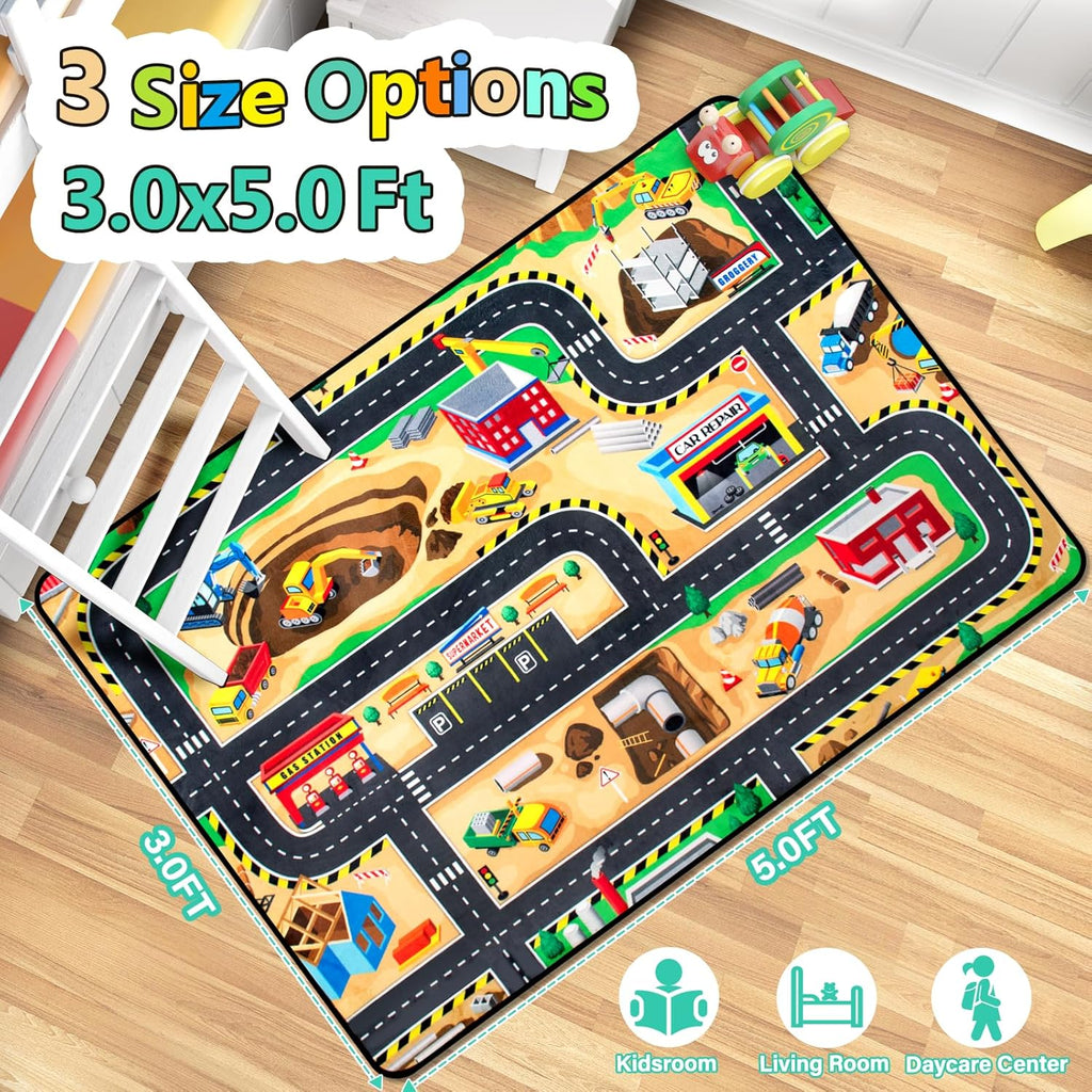 Kids 3x5 Ft Construction Site Play Rug, Baby Play Mat, Tufted Wool & Rubber, Non-Slip, Stain & Fade Resistant, Machine Washable, Rustic Cartoon Construction Site Pattern