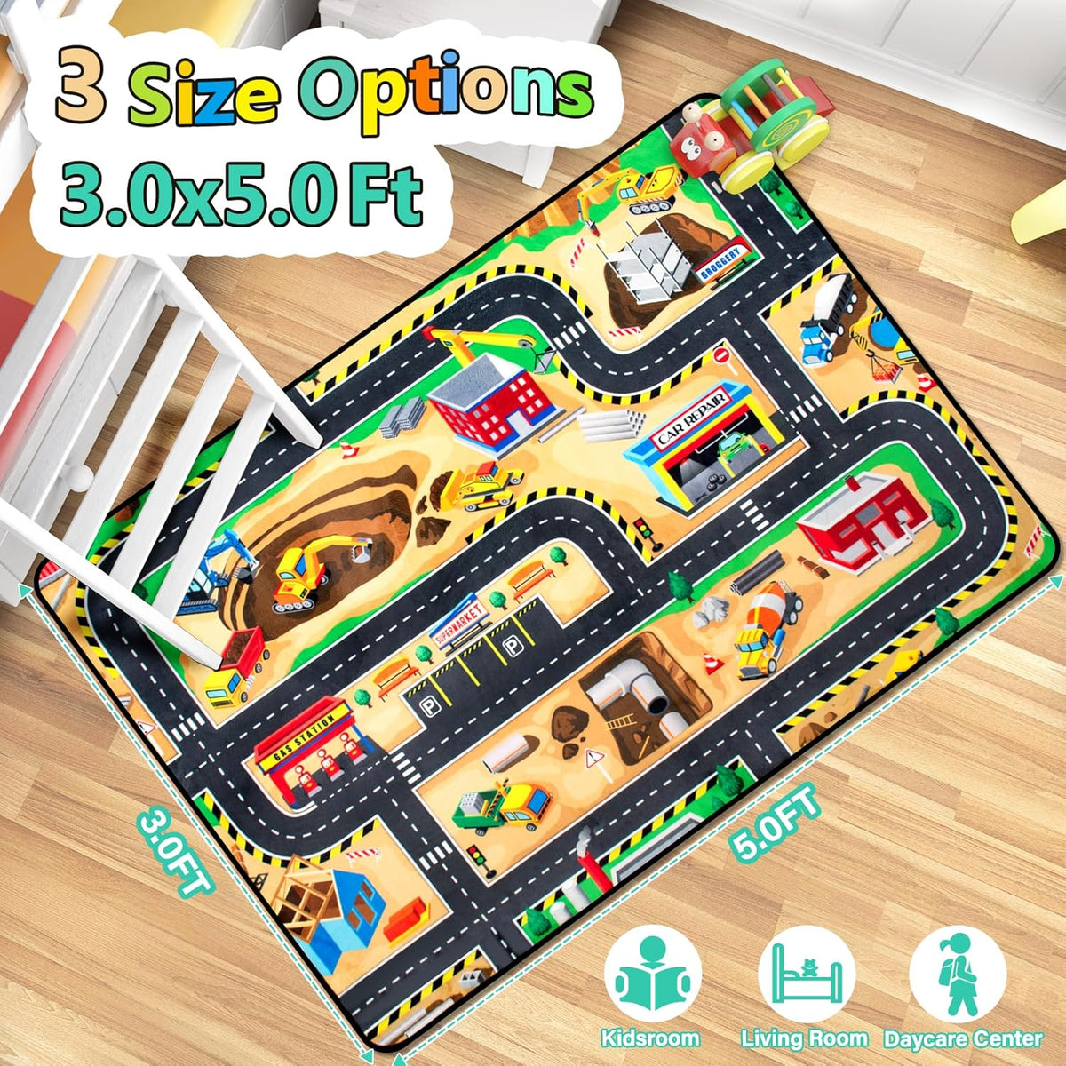 Kids 3x5 Ft Construction Site Play Rug, Baby Play Mat, Tufted Wool & Rubber, Non-Slip, Stain & Fade Resistant, Machine Washable, Rustic Cartoon Construction Site Pattern