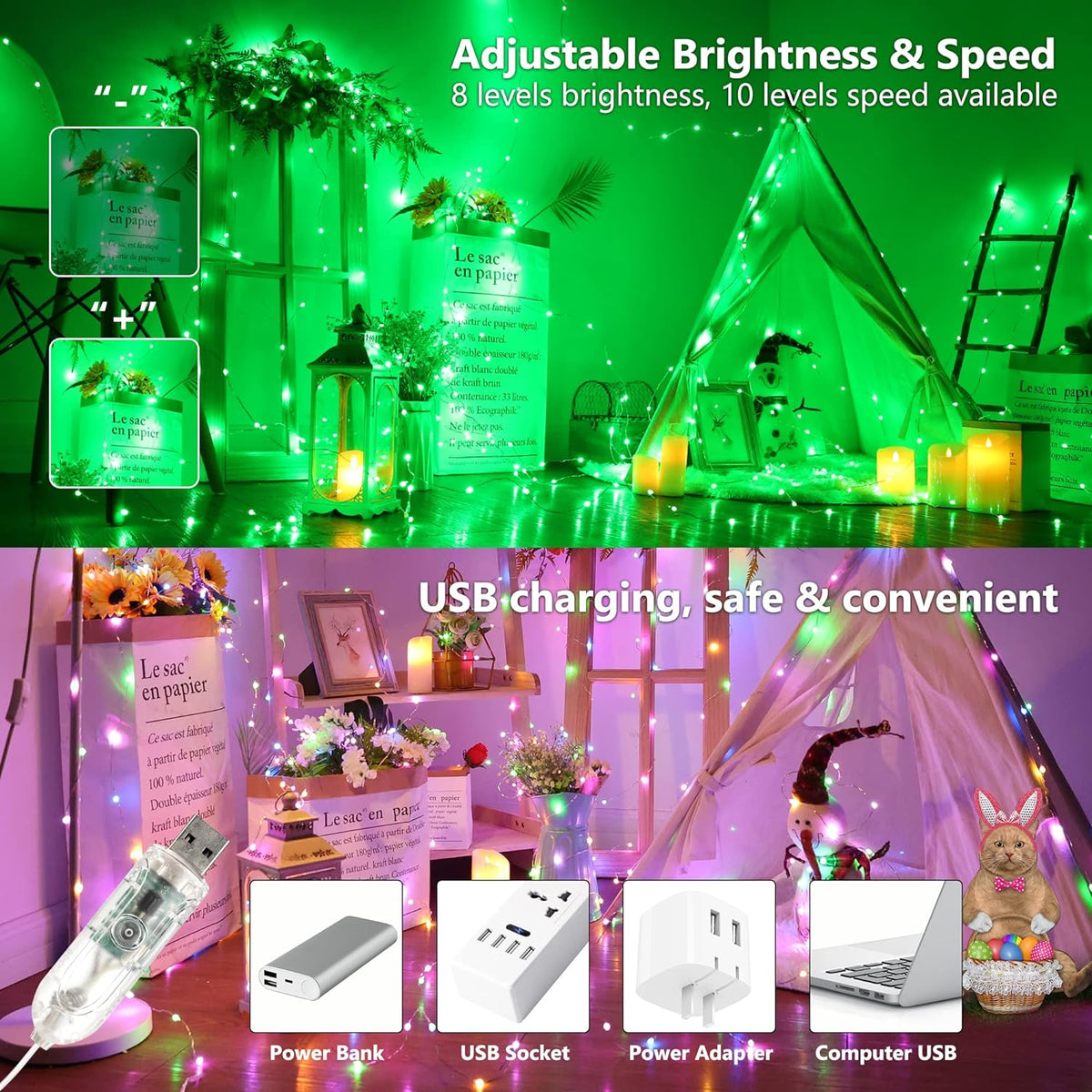 BrizLabs Christmas Fairy String Lights, 33ft 100 LED Color Changing Christmas Fairy Lights with Remote Timer, USB Purple Orange Halloween Light RGB Twinkle Light for Xmas Halloween Home Party Wedding