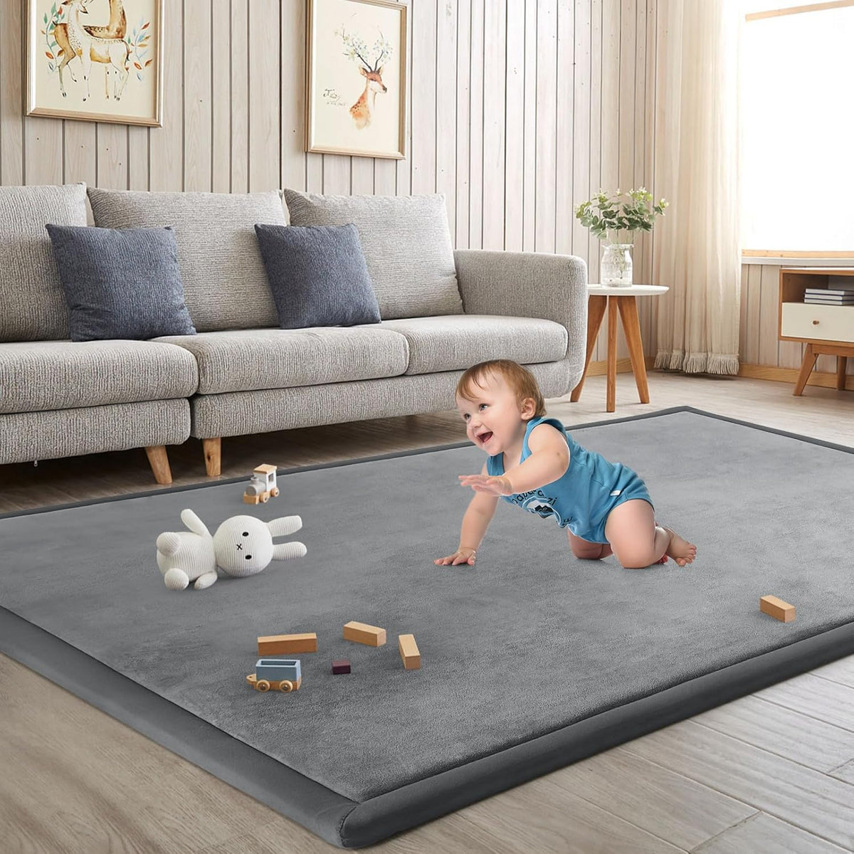 Baby Play Mat for Floor Tummy Time Mat Nursery Rug Muscle Mat Area Rug Playroom Rug Tatami Mat 6'7"x6'7" Memory Foam 1.3" Thick Crawling Mat for Babies,Toddlers, Infants, Kids,Floor Mat(Grey)