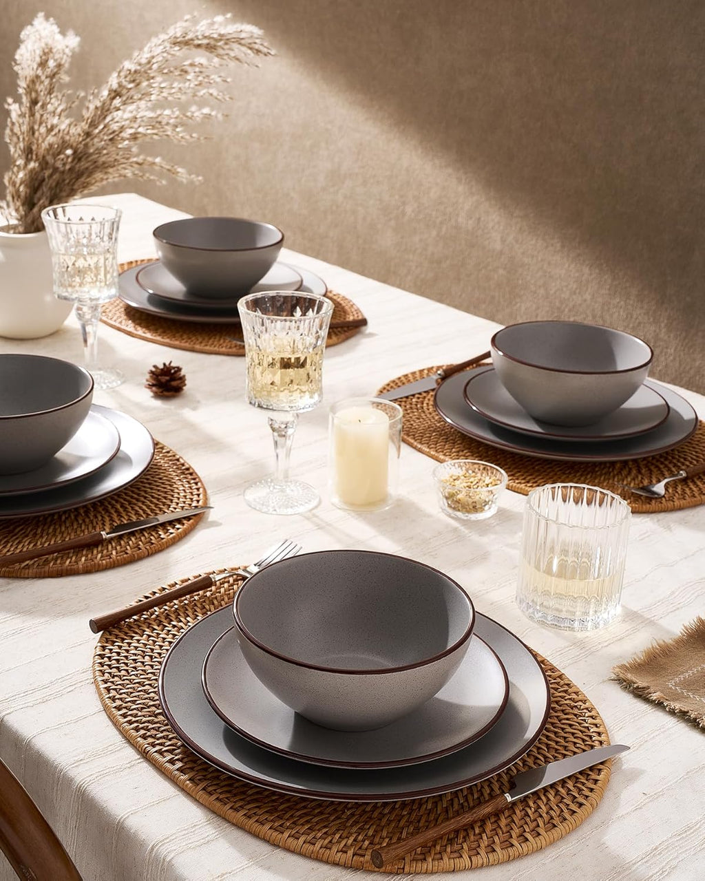 Famiware Venus Plates and Bowls Sets, 12 Pieces Stoneware Speckled Dinnerware Sets, Dishes Set for 4, Microwave and Dishwasher Safe, Matte Dark Grey