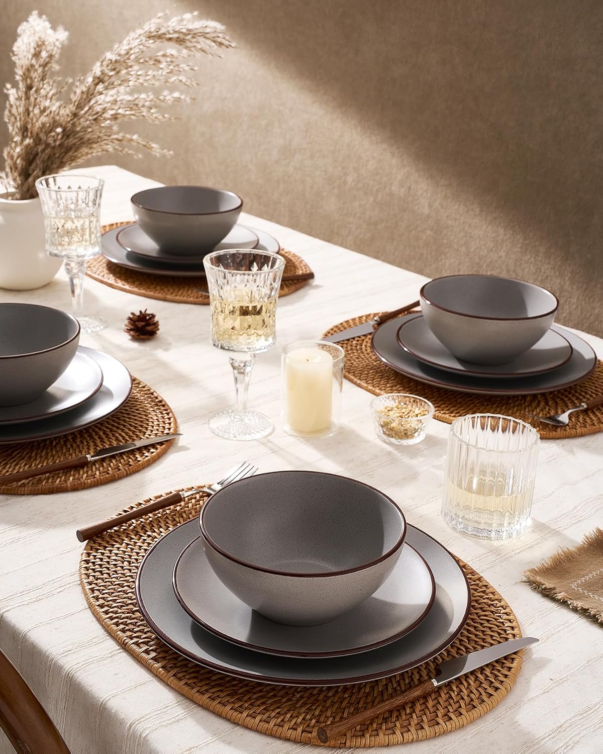 Famiware Venus Plates and Bowls Sets, 12 Pieces Stoneware Speckled Dinnerware Sets, Dishes Set for 4, Microwave and Dishwasher Safe, Matte Dark Grey