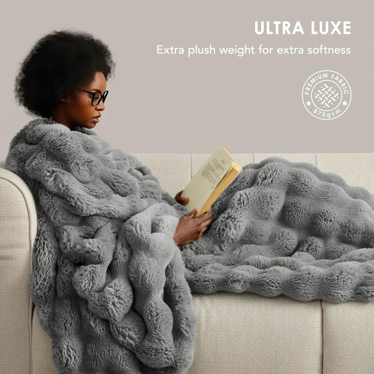 EVERGRACE Ultra Soft Luxury Fluffy Ridgeline Faux Rabbit Fur Throw Blanket, Thick Warm Bubble Throw for Bed, Cozy Plush Reversible Blankets for Couch, Chair, Sofa, Grey, 50x60 Inches, 870 GSM