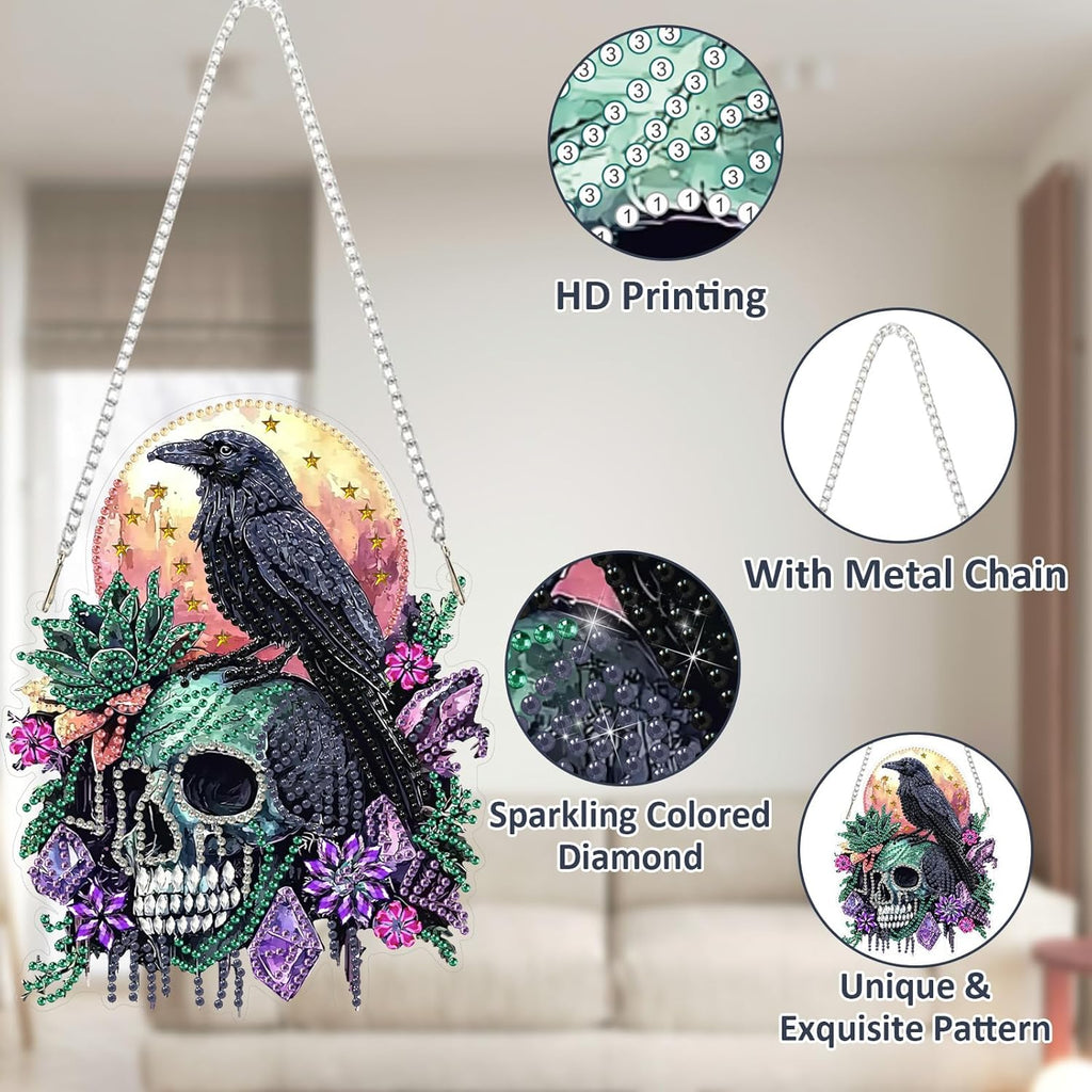 SENQAO Crow Diamond Art Hanging Kit for Adult, Special Shaped Rhinestone, Double Sided DIY Acrylic Diamond Art Painting Window Pendants Home Garden Wall Hanging Kits Hanging Ornament (Raven Skull)