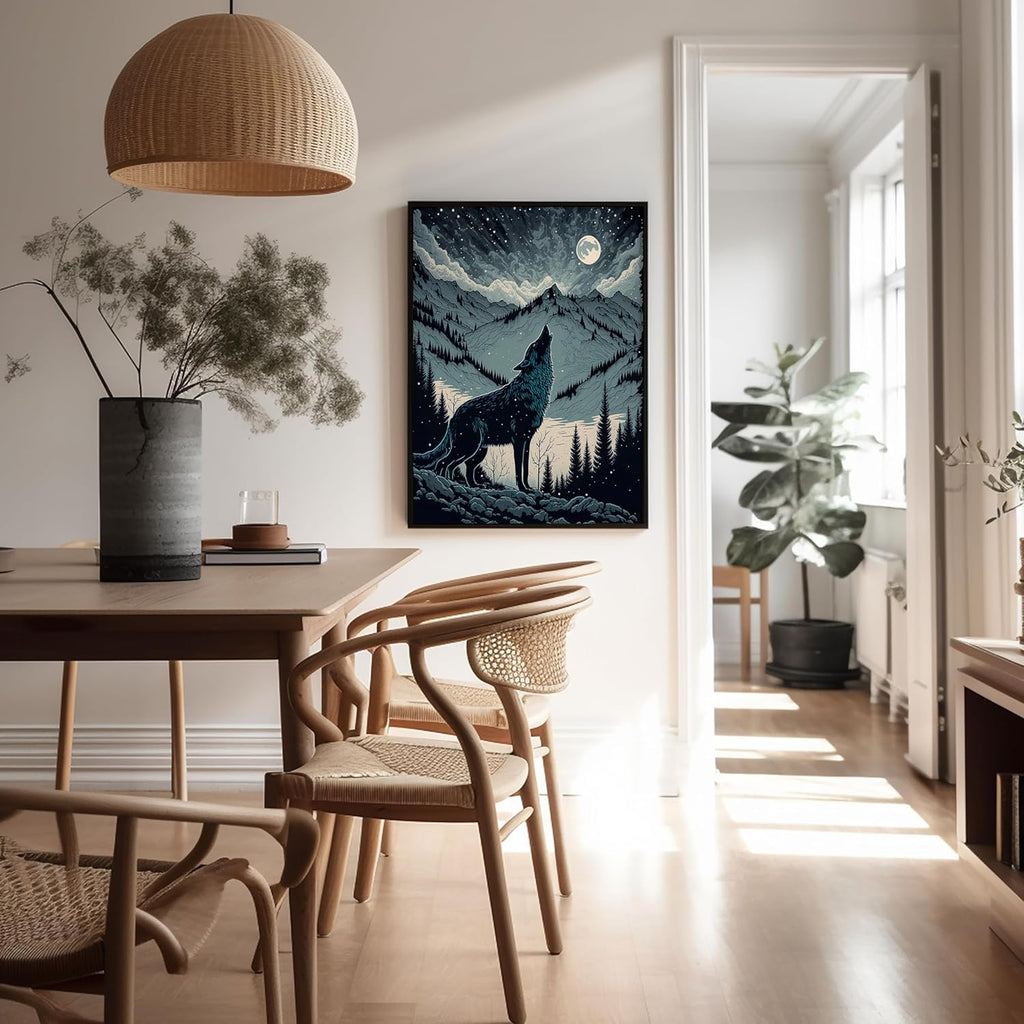 Poster Master Vintage Illustration Poster - Retro Animal Print - Gift for Artist, Friend - Wolf Howling at the Moon, Mountain, Snow, Landscape - Wall Decor for Home, Office, 24x32 Unframed Wall Art