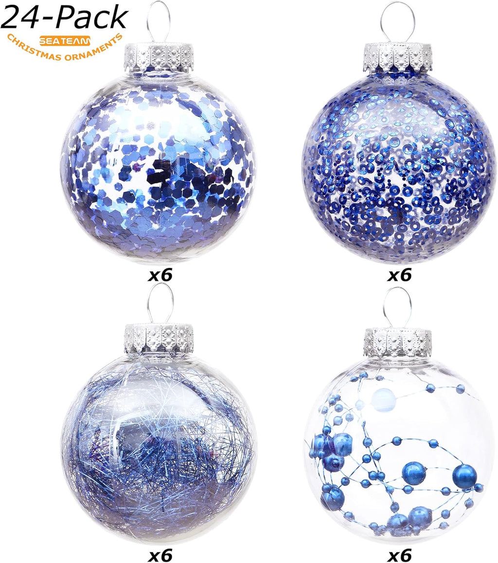 Sea Team 70mm/2.76" Shatterproof Clear Plastic Christmas Tree Ball Ornaments Set, Decorative Hanging Transparent Xmas Baubles with Stuffed Delicate Decorations (24 Counts, Royal Blue)